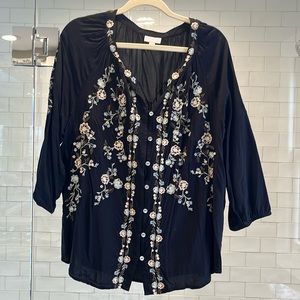 J Jill Black Embroidered Top Size Large